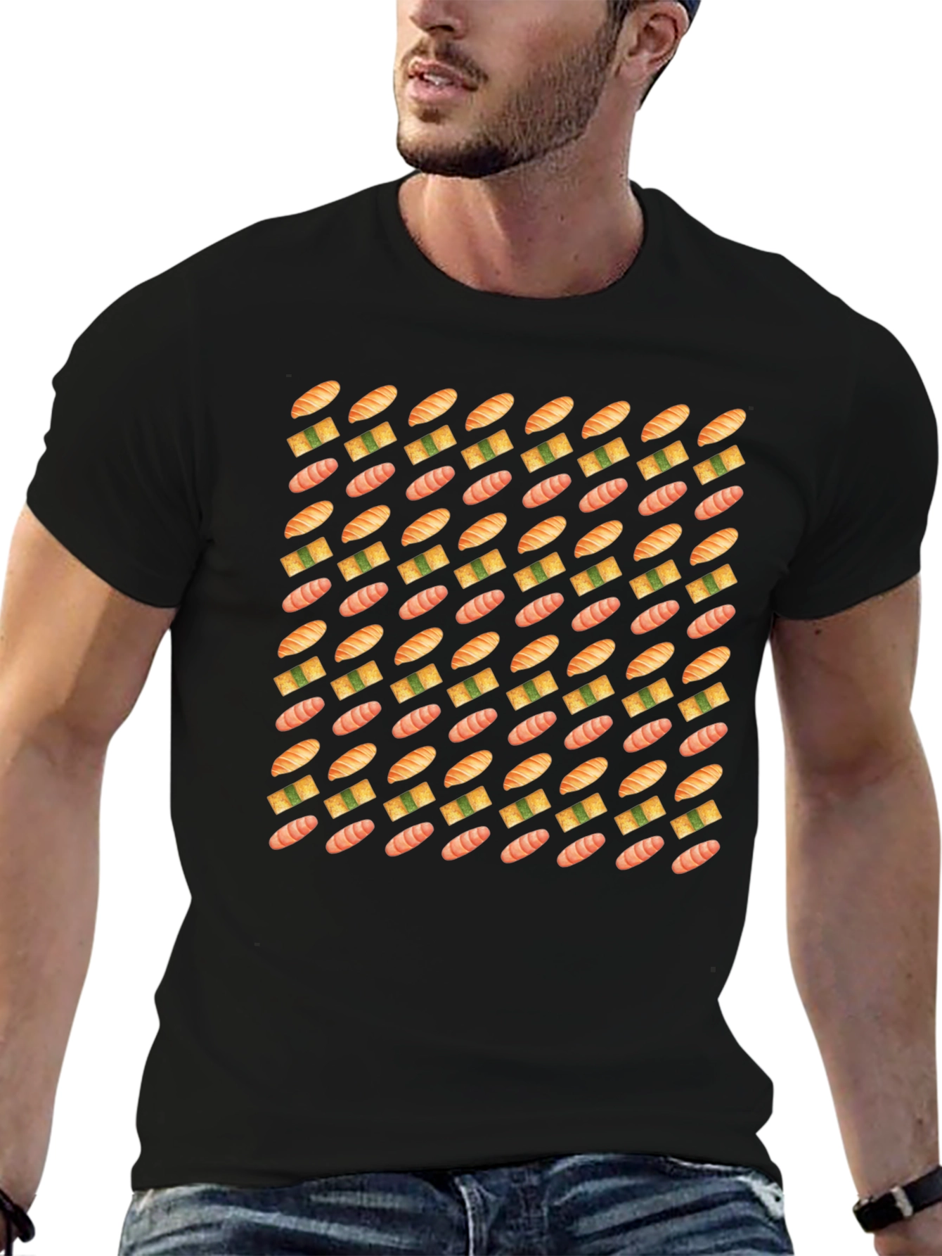 Sushi Pattern Black T-Shirt - Foodie Fashion