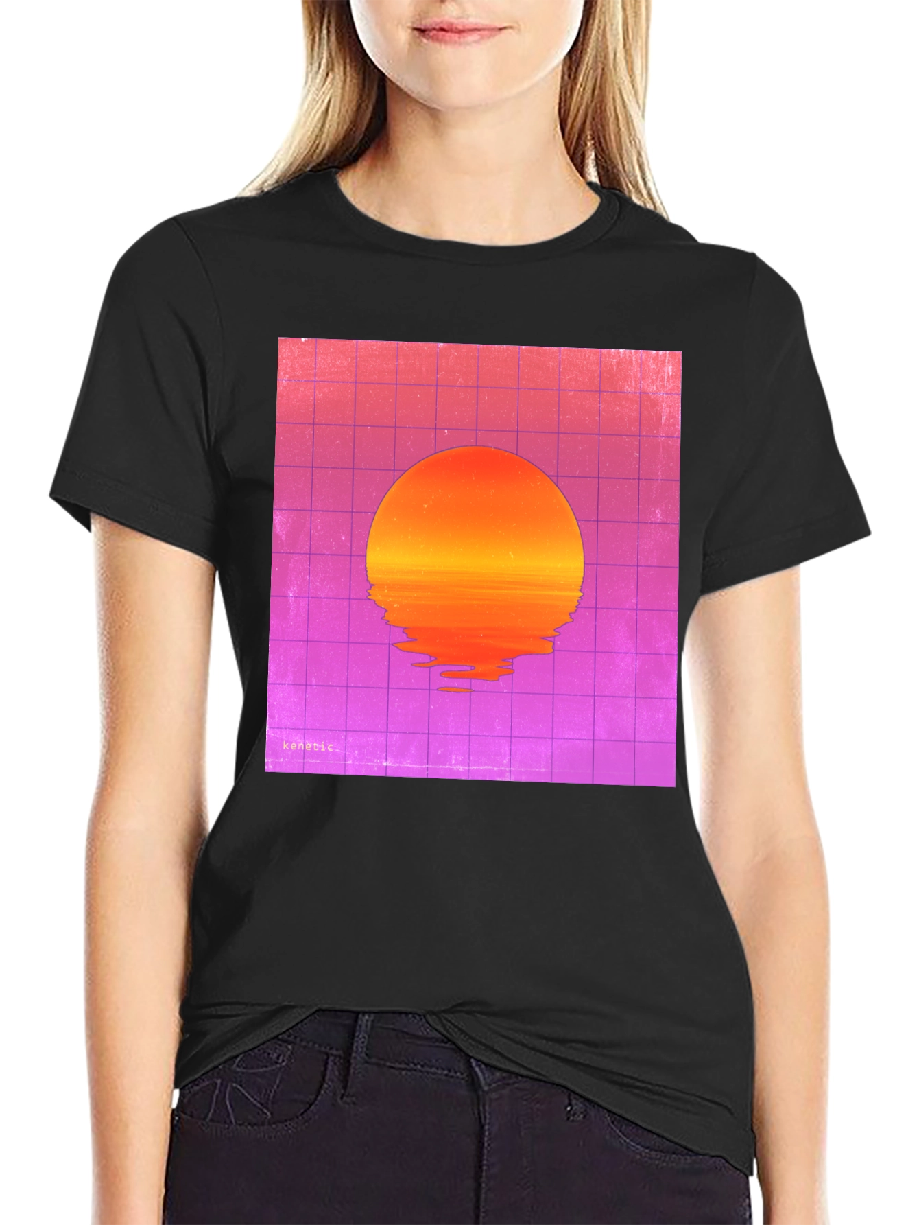 Retro Sunset Graphic Tee - Black Cotton Blend