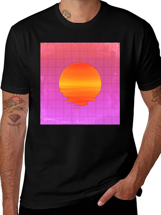 Retro Sunset Graphic Tee - Black Cotton Blend