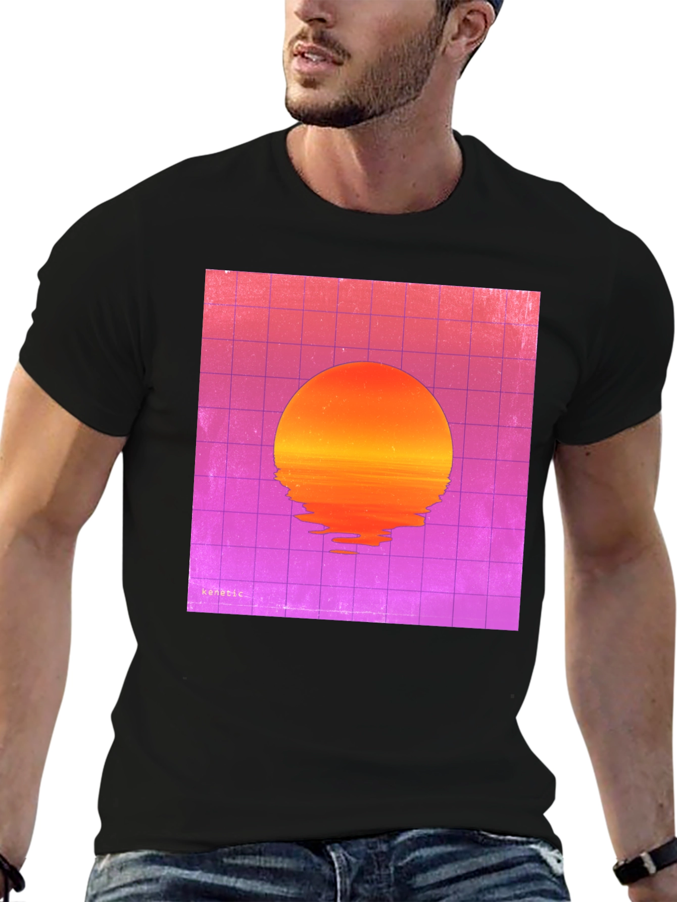 Retro Sunset Graphic Tee - Black Cotton Blend
