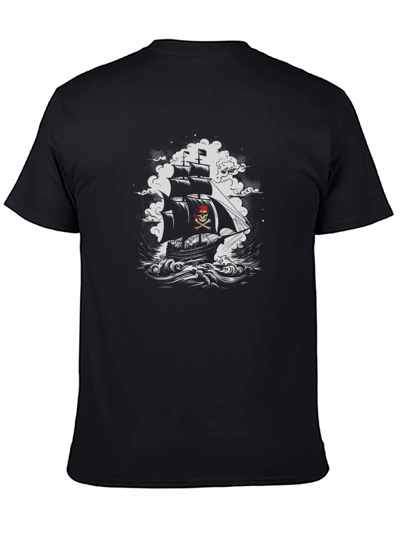 Pirate Ship Graphic Tee - Black Cotton T-Shirt