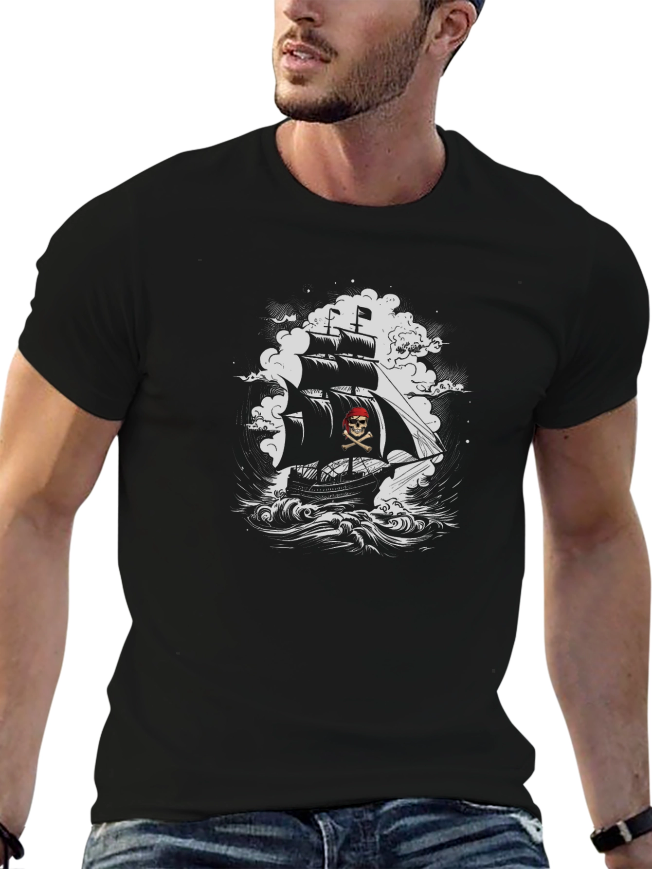 Pirate Ship Graphic Tee - Black Cotton T-Shirt