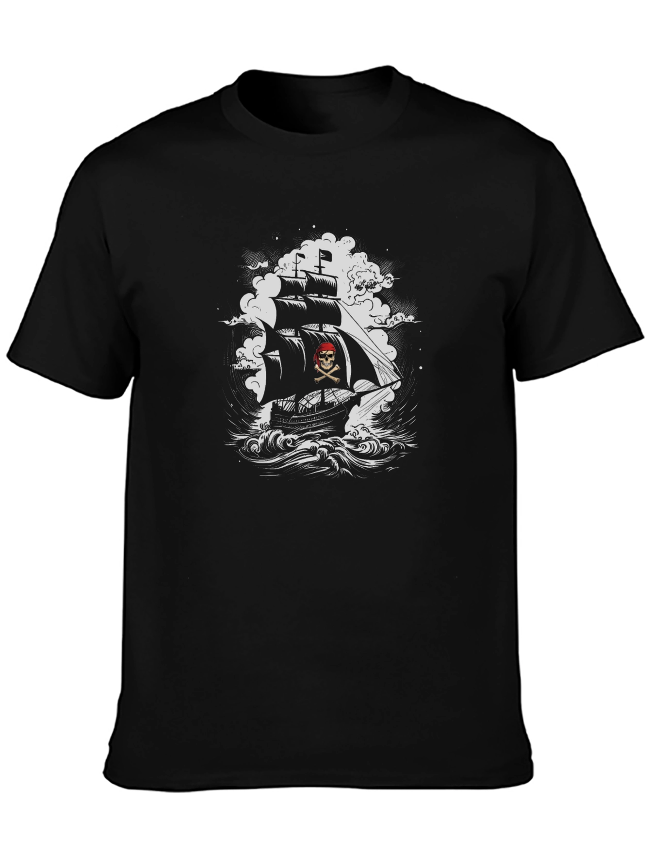 Pirate Ship Graphic Tee - Black Cotton T-Shirt