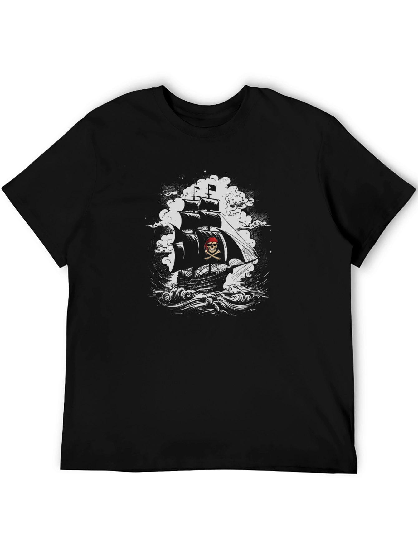 Pirate Ship Graphic Tee - Black Cotton T-Shirt