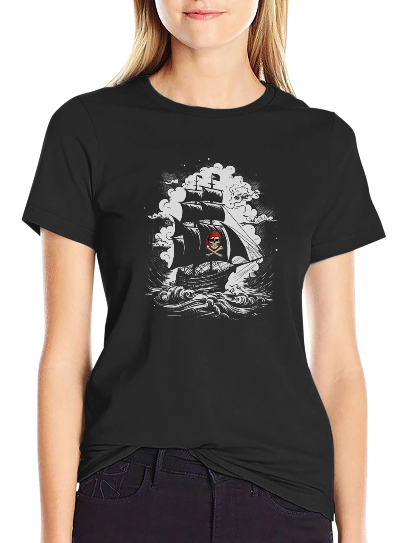 Pirate Ship Graphic Tee - Black Cotton T-Shirt