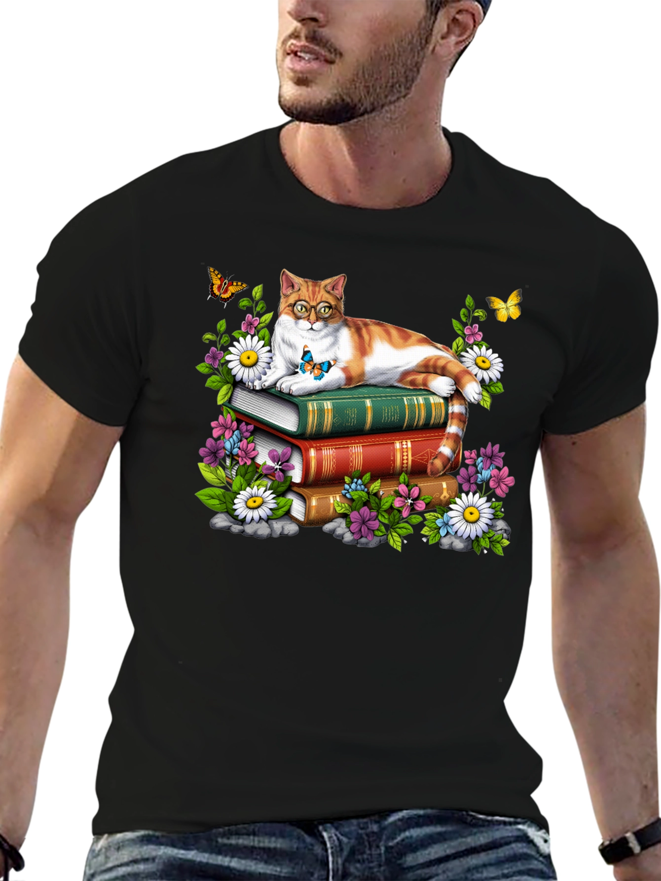 Cat on Books T-Shirt - Reading Cat Lover Tee