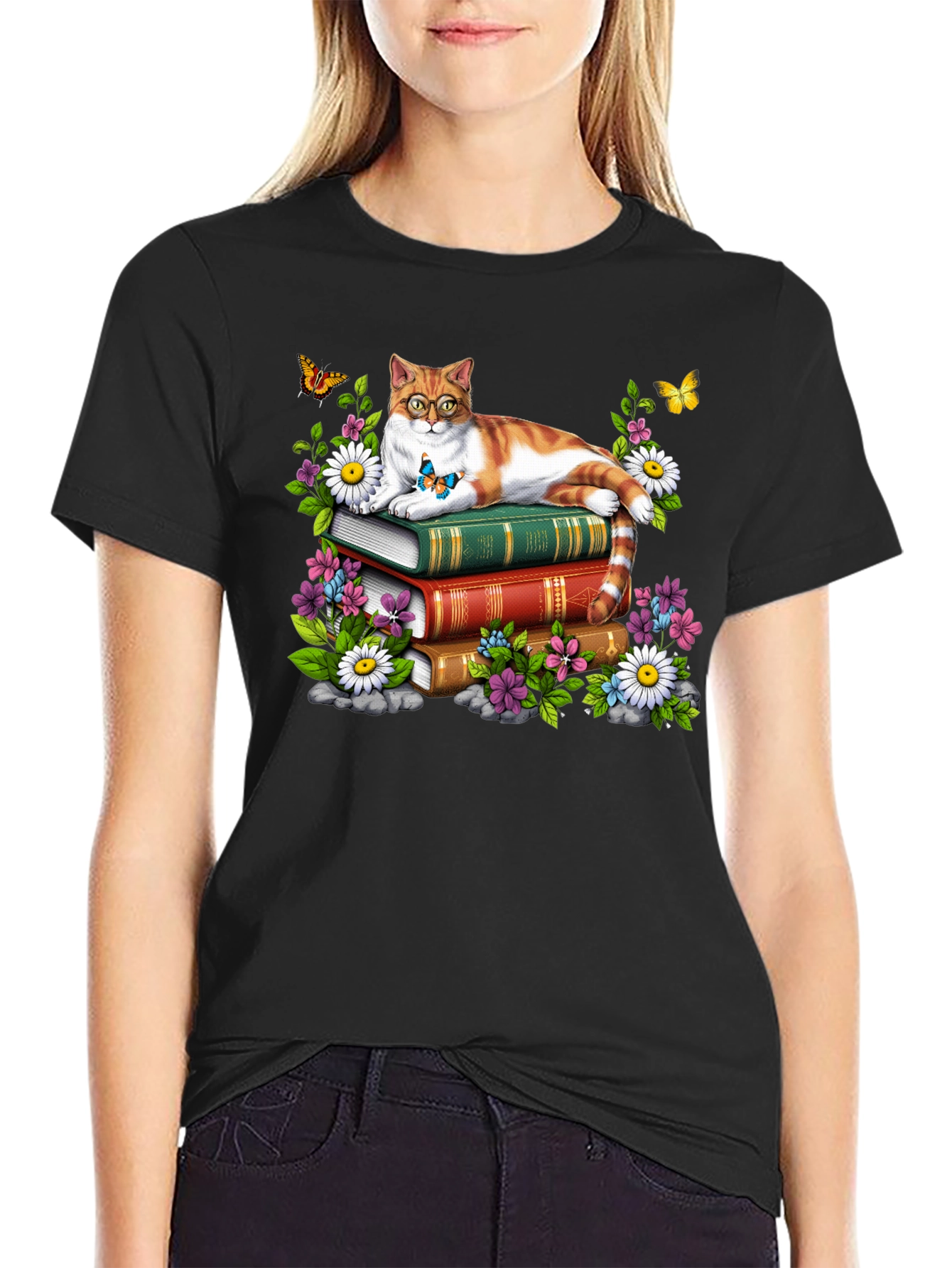 Cat on Books T-Shirt - Reading Cat Lover Tee