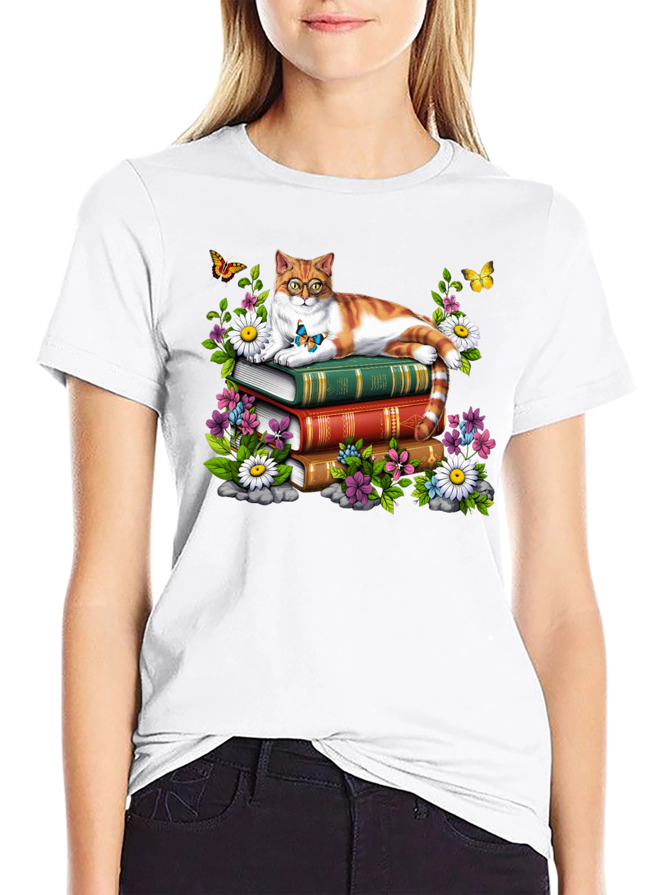 Cat on Books T-Shirt - Reading Cat Lover Tee
