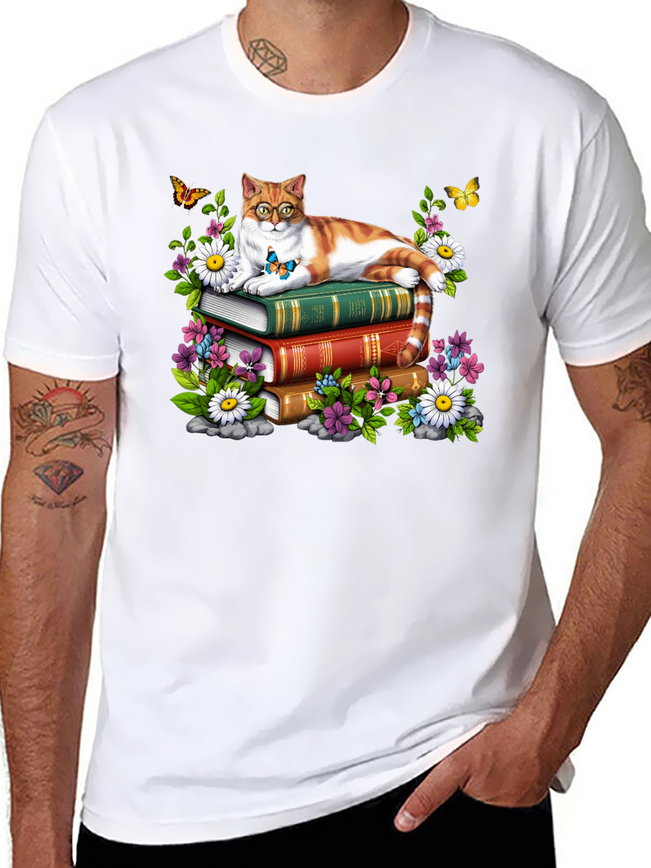 Cat on Books T-Shirt - Reading Cat Lover Tee