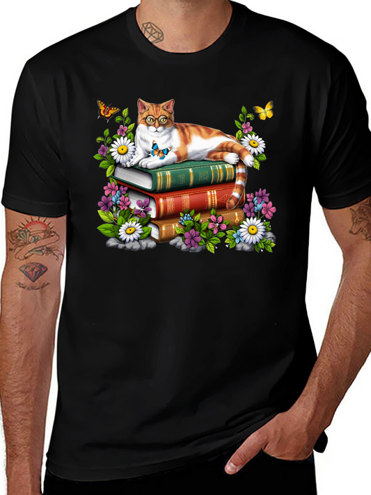 Cat on Books T-Shirt - Reading Cat Lover Tee