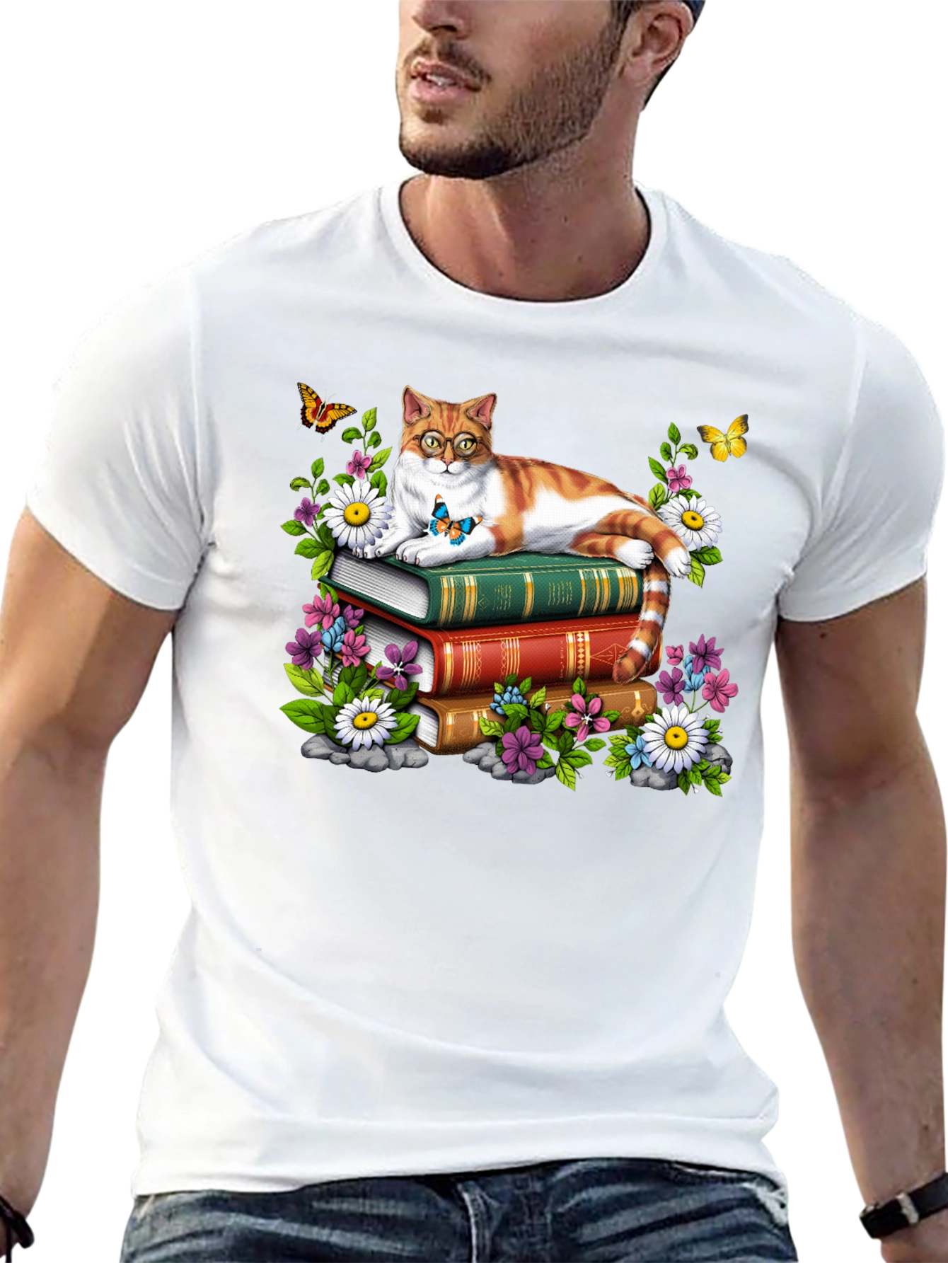Cat on Books T-Shirt - Reading Cat Lover Tee