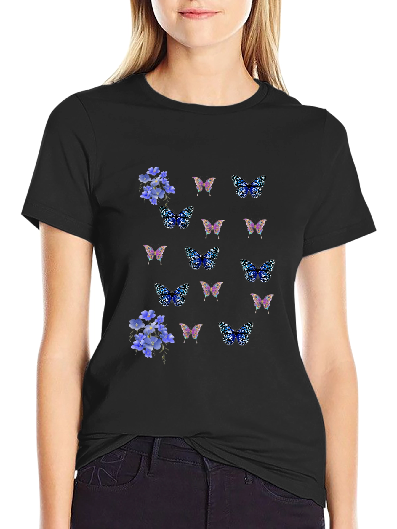 Floral Butterfly Print Black T-Shirt