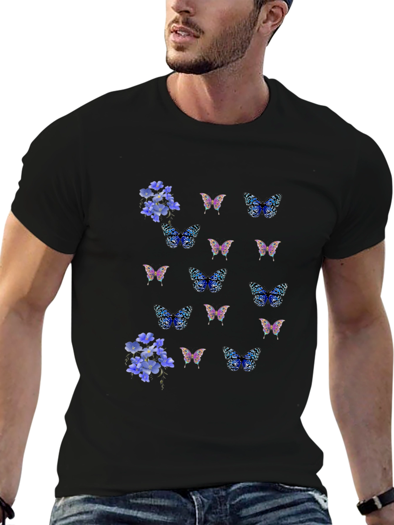 Floral Butterfly Print Black T-Shirt