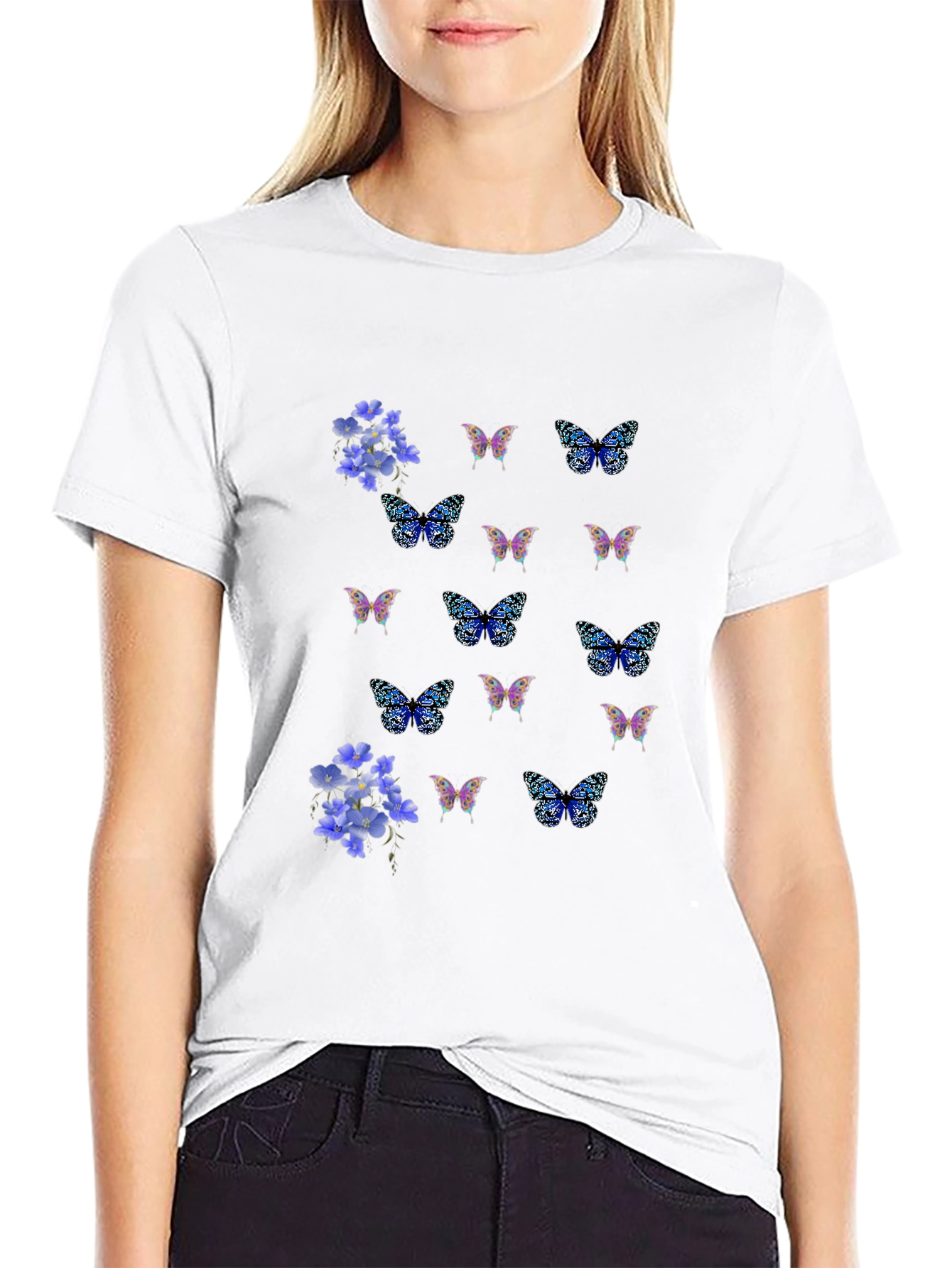 Floral Butterfly Print Black T-Shirt