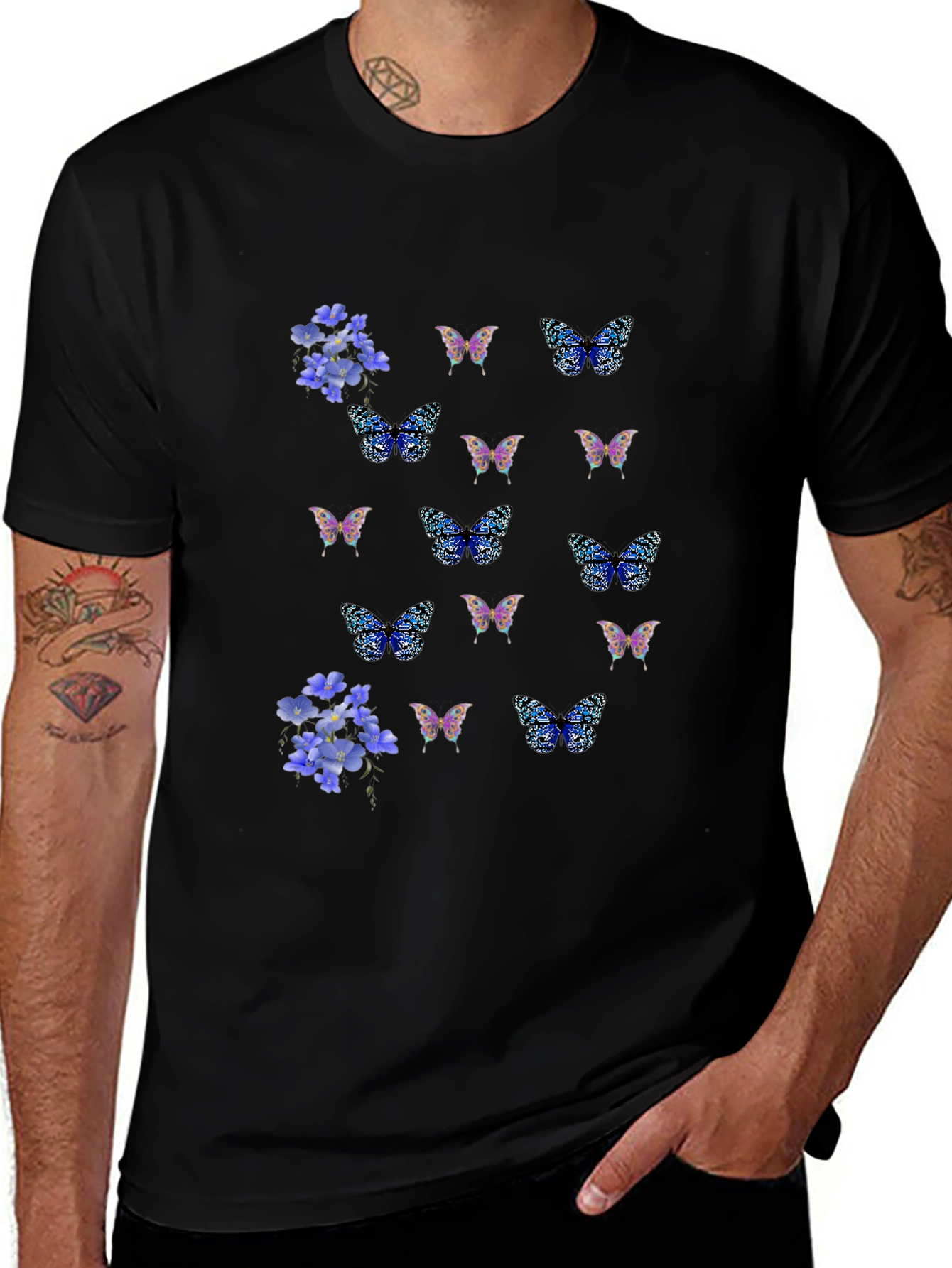Floral Butterfly Print Black T-Shirt