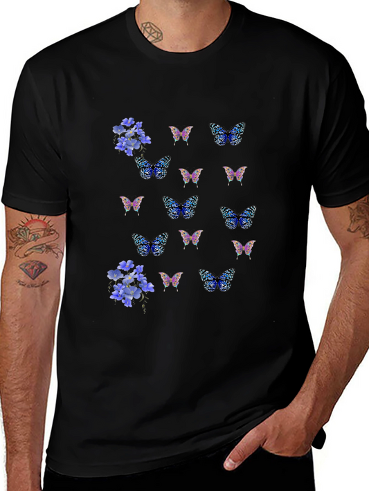 Floral Butterfly Print Black T-Shirt