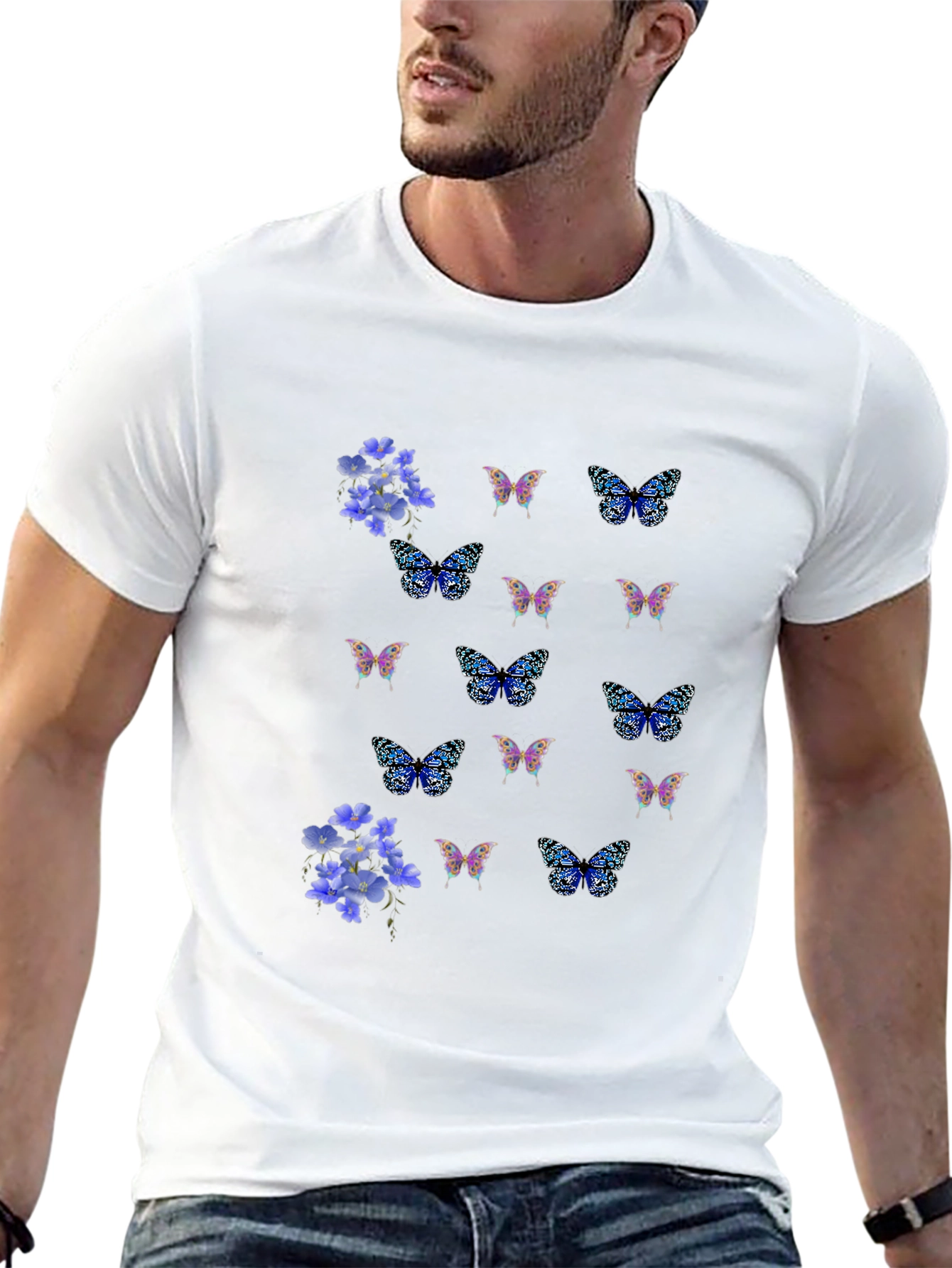 Floral Butterfly Print Black T-Shirt