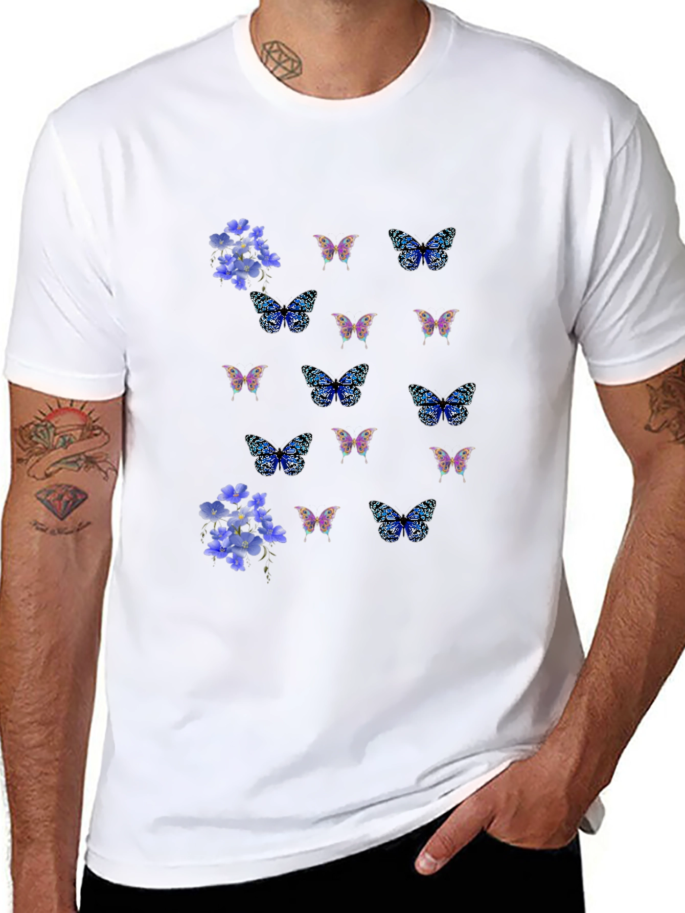 Floral Butterfly Print Black T-Shirt