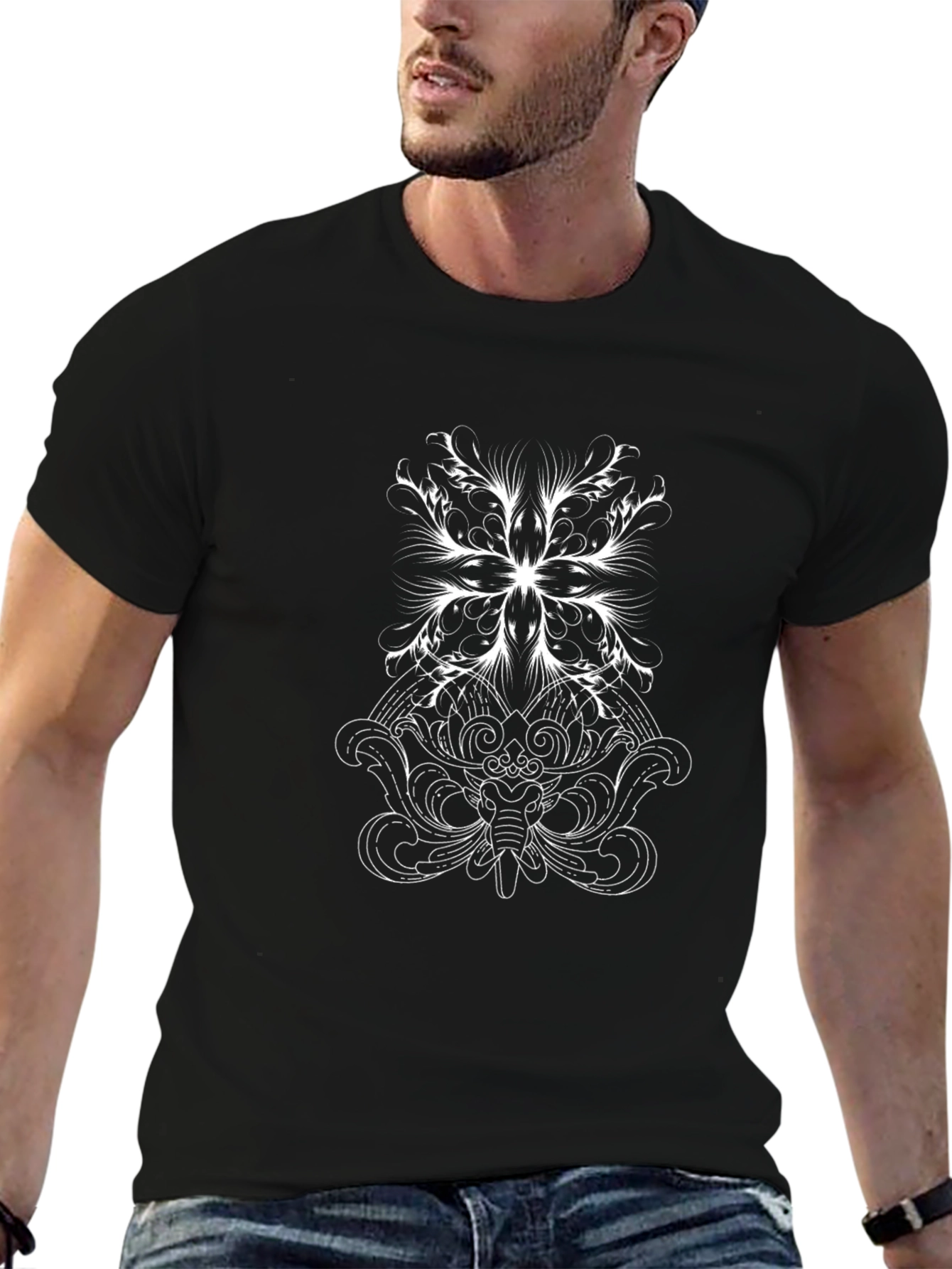 Black Tee with White Ornamental Elephant Design