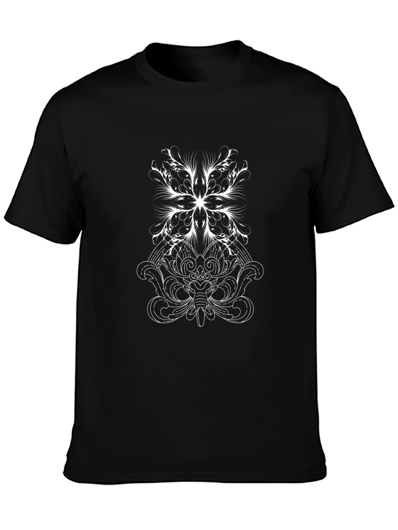 Black Tee with White Ornamental Elephant Design