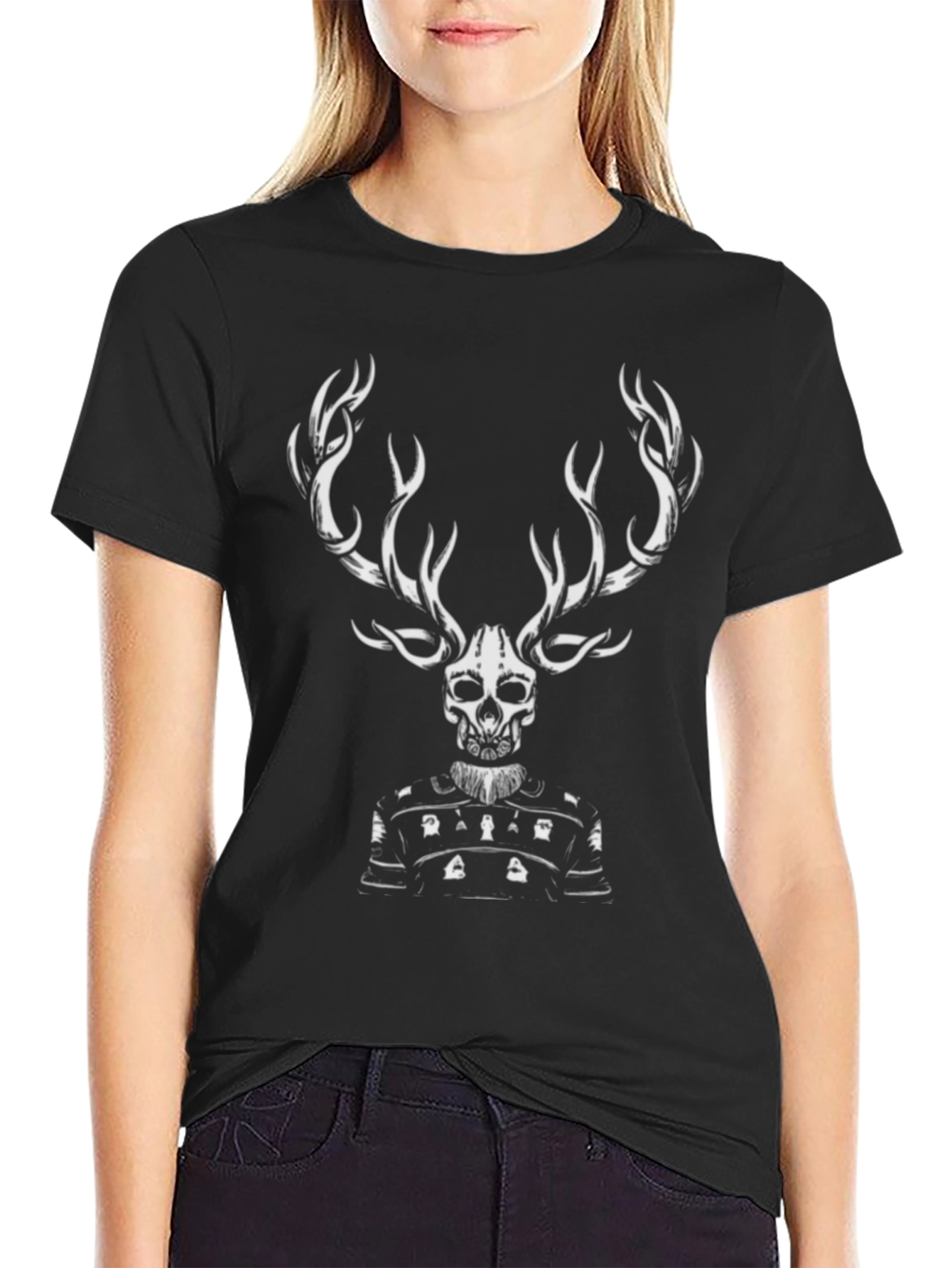 Skull Deer Graphic Tee - Black Cotton T-Shirt
