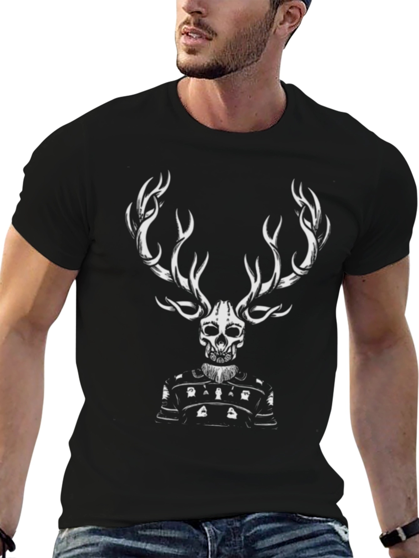 Skull Deer Graphic Tee - Black Cotton T-Shirt