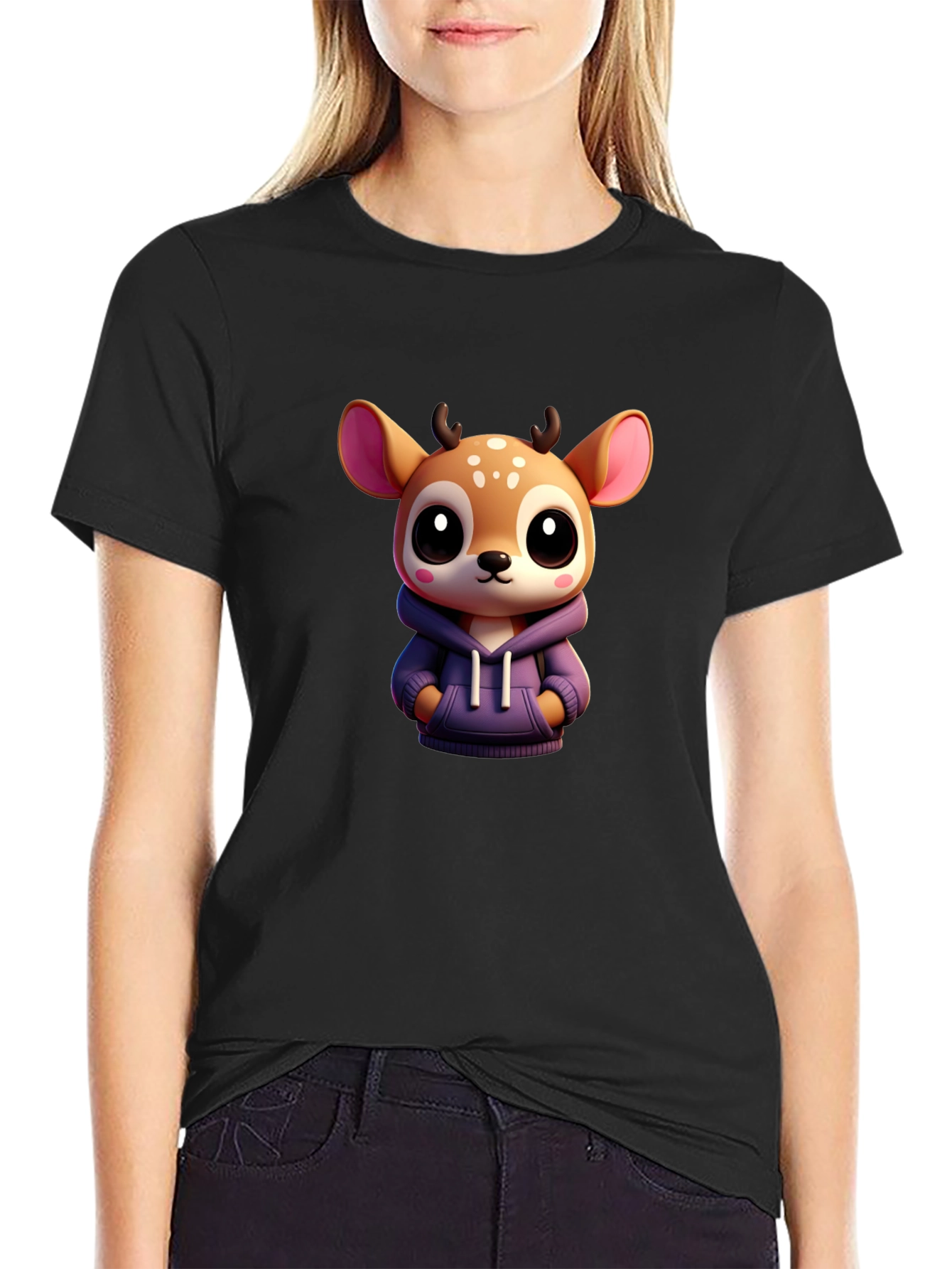 Cute Deer Graphic Tee - Soft Black Cotton