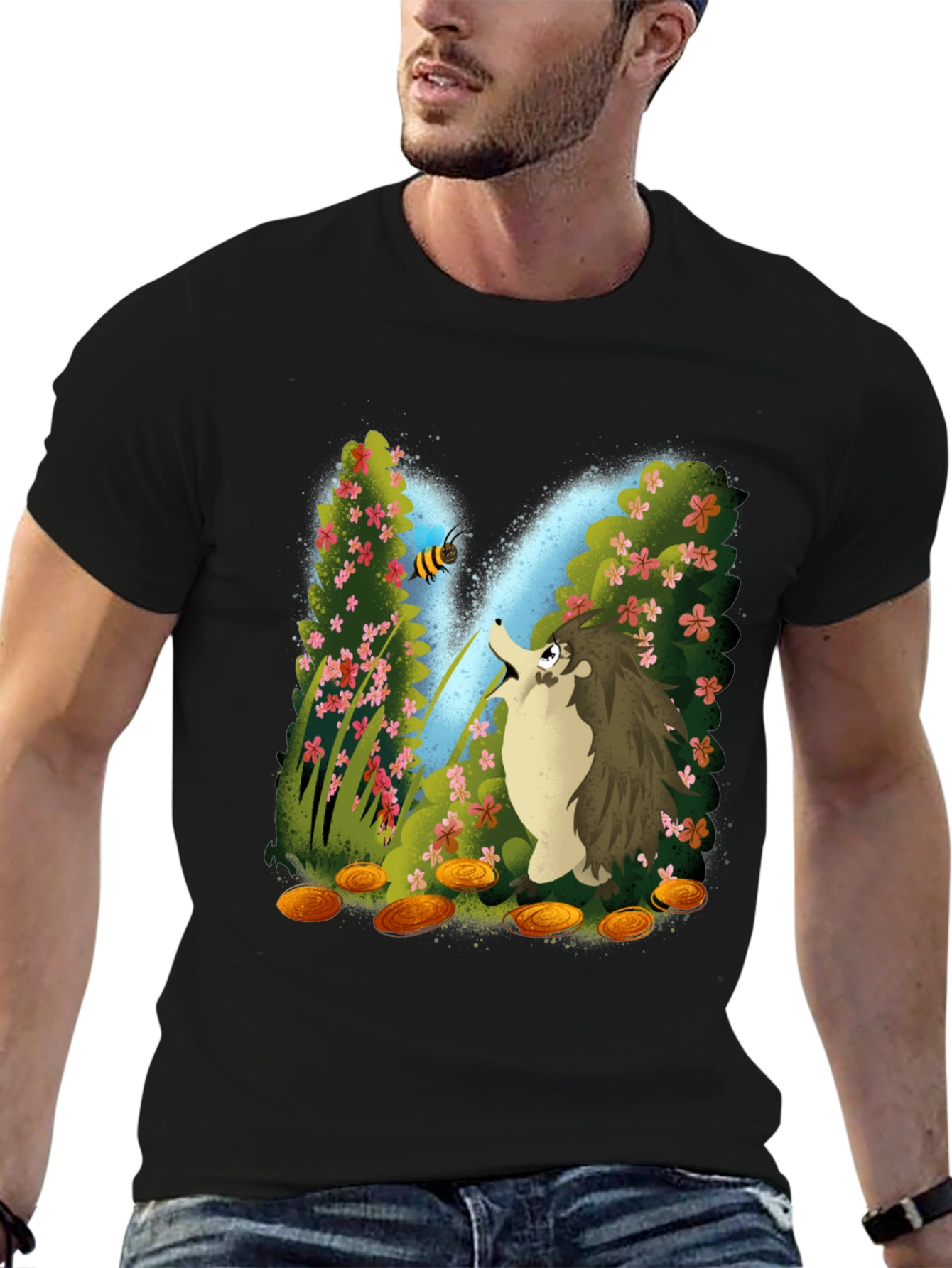 Cartoon Hedgehog & Bee Graphic Tee - Black