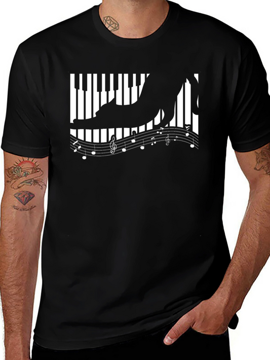 Cat on Piano Keys Graphic Tee - Black Cotton Shirt
