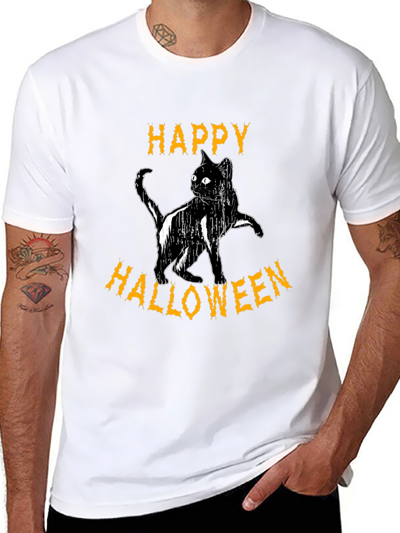 Happy Halloween Cat T-Shirt - Black Cotton Graphic Tee