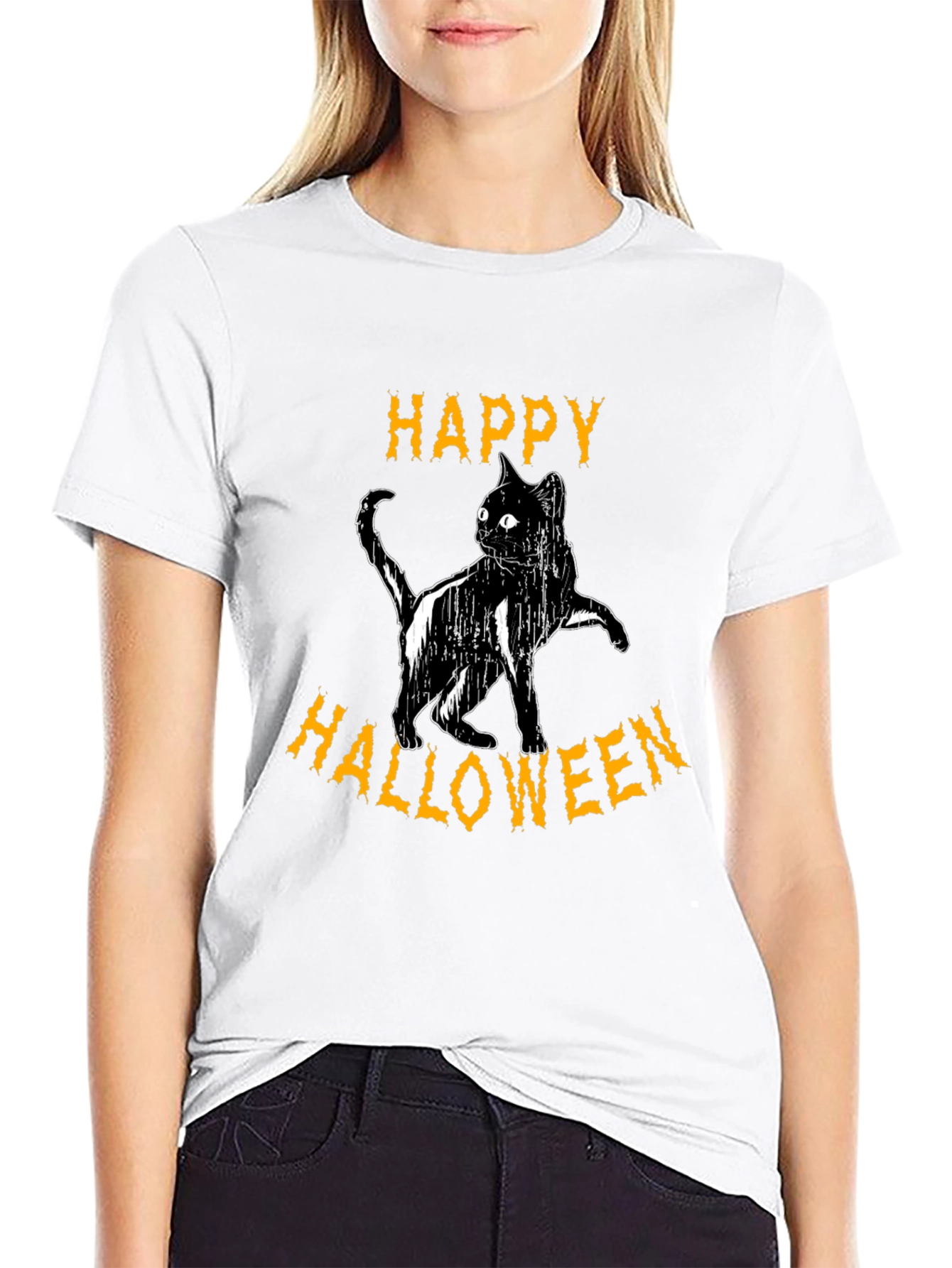 Happy Halloween Cat T-Shirt - Black Cotton Graphic Tee