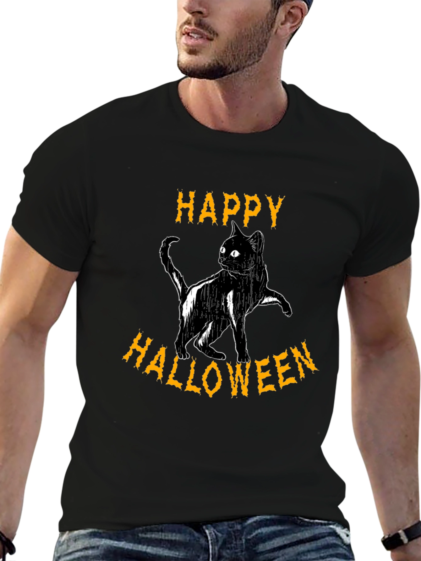 Happy Halloween Cat T-Shirt - Black Cotton Graphic Tee