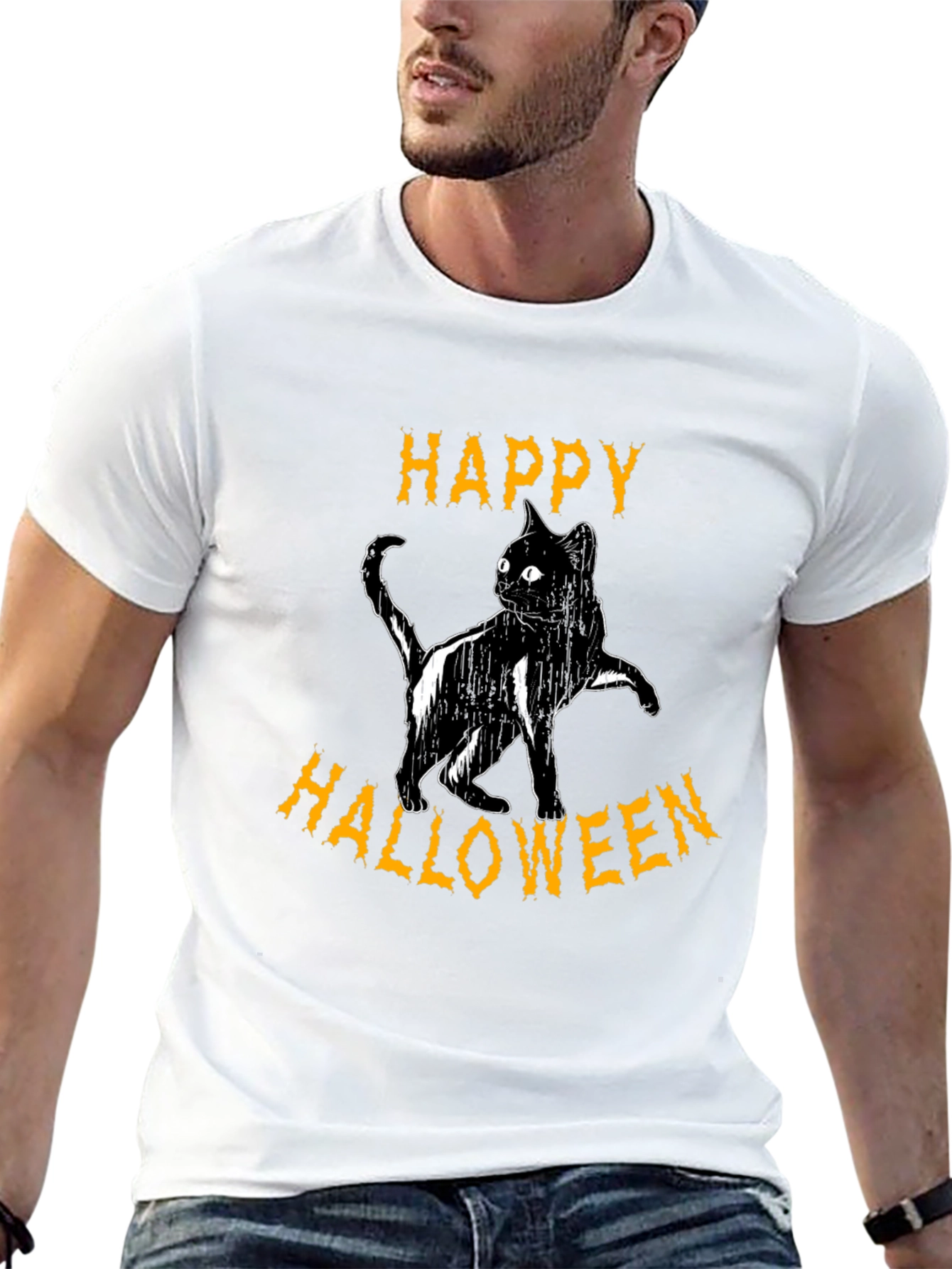 Happy Halloween Cat T-Shirt - Black Cotton Graphic Tee