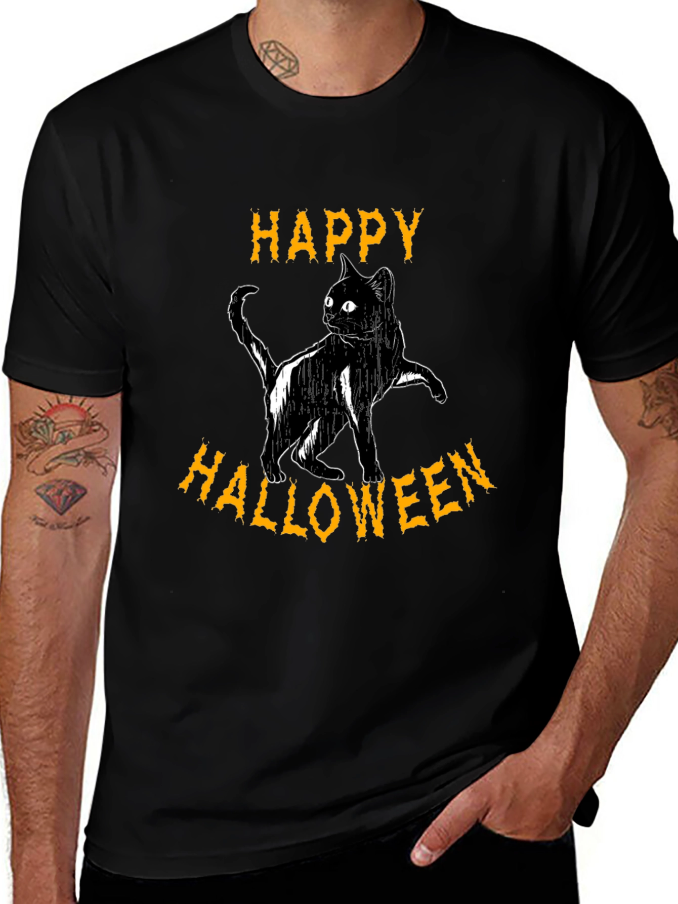 Happy Halloween Cat T-Shirt - Black Cotton Graphic Tee