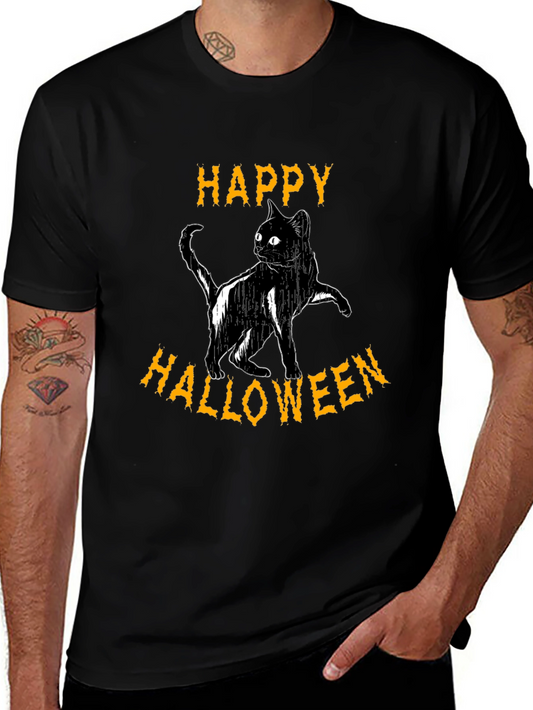 Happy Halloween Cat T-Shirt - Black Cotton Graphic Tee