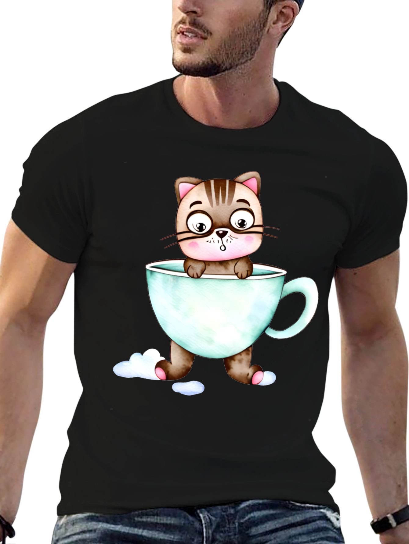 Cute Cat in a Cup Black T-Shirt