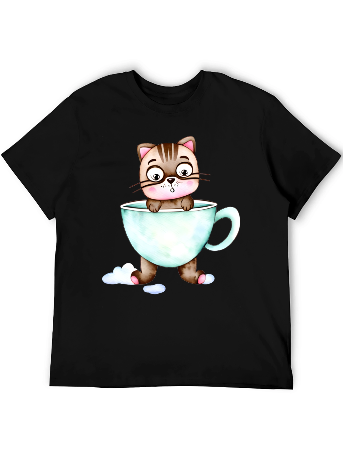 Cute Cat in a Cup Black T-Shirt