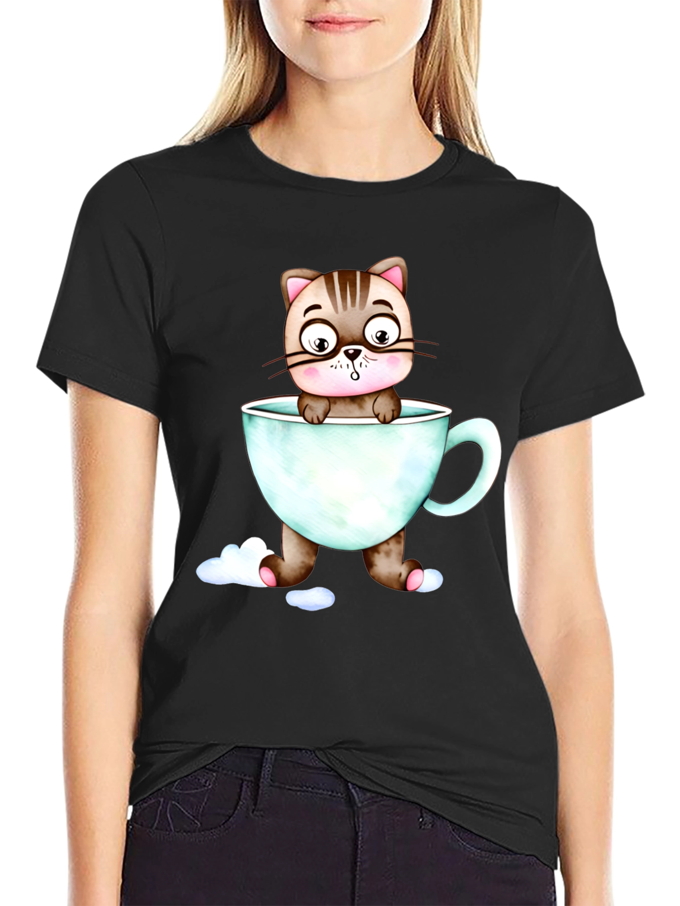 Cute Cat in a Cup Black T-Shirt