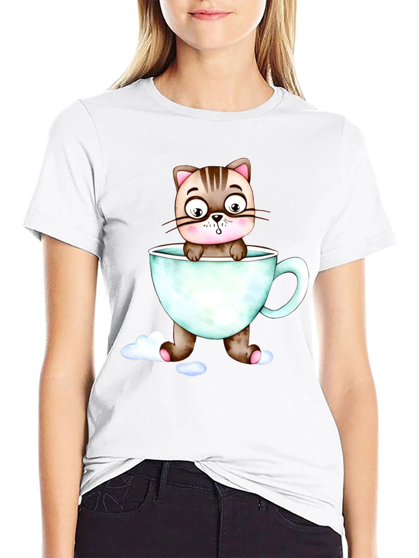 Cute Cat in a Cup Black T-Shirt