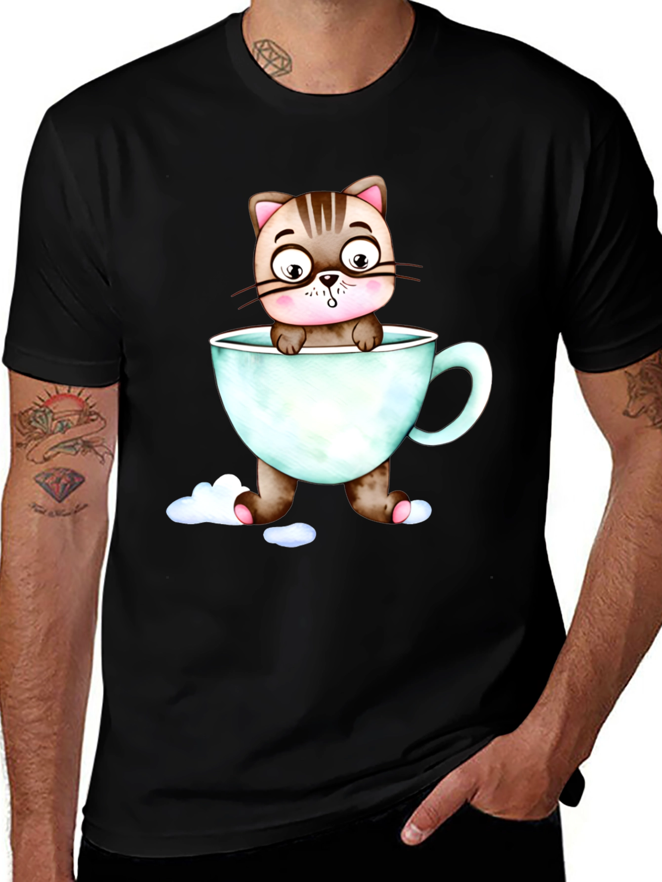 Cute Cat in a Cup Black T-Shirt