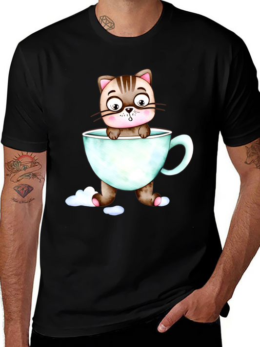 Cute Cat in a Cup Black T-Shirt