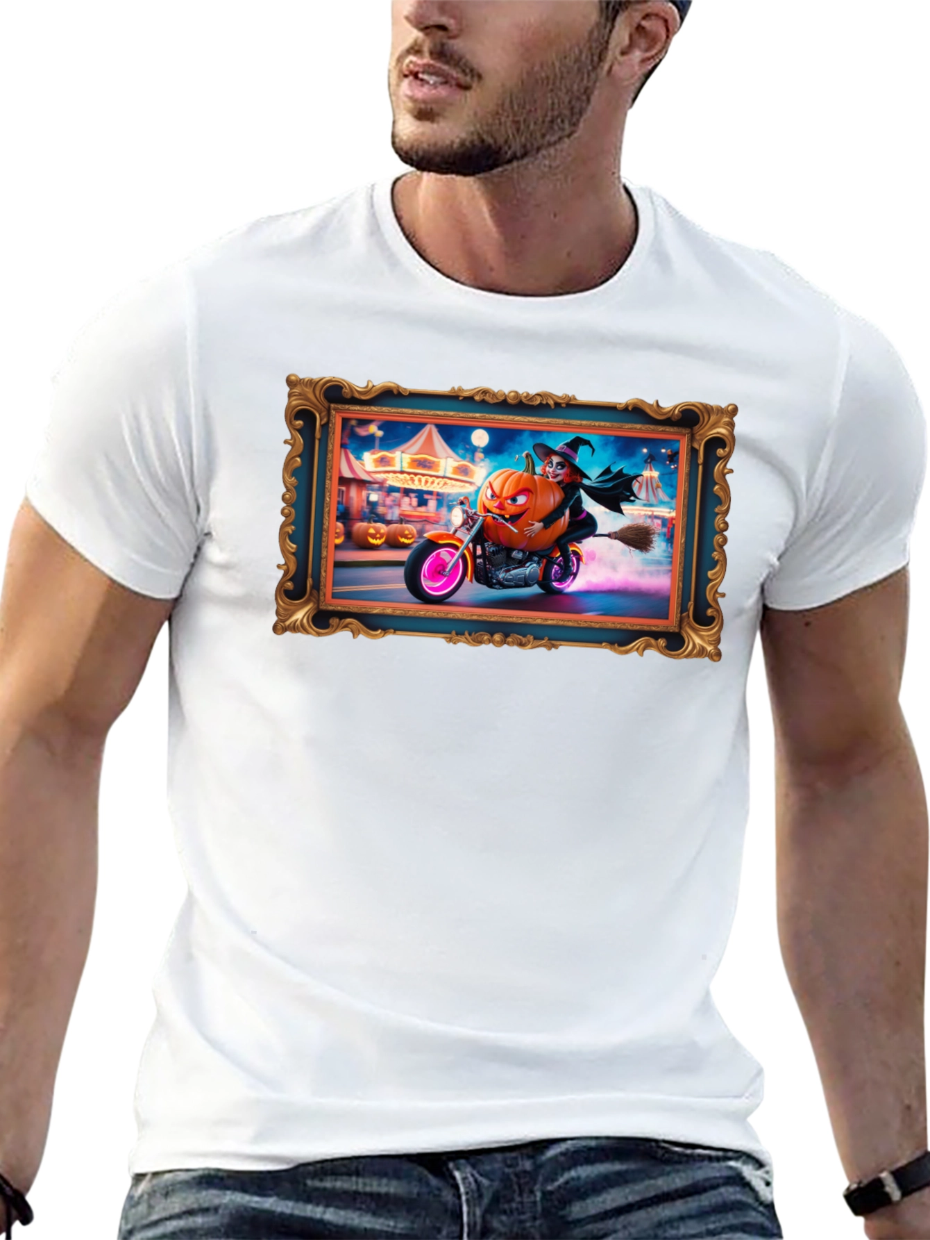 Halloween Witch Pumpkin Motorcycle T-Shirt