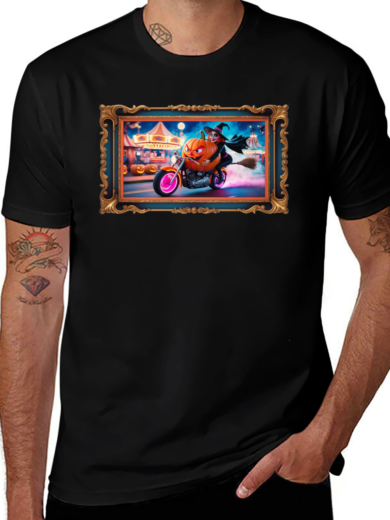 Halloween Witch Pumpkin Motorcycle T-Shirt