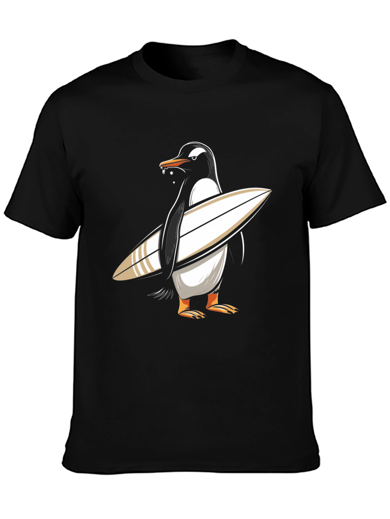 Surfing Penguin Graphic Tee - Black Cotton T-Shirt