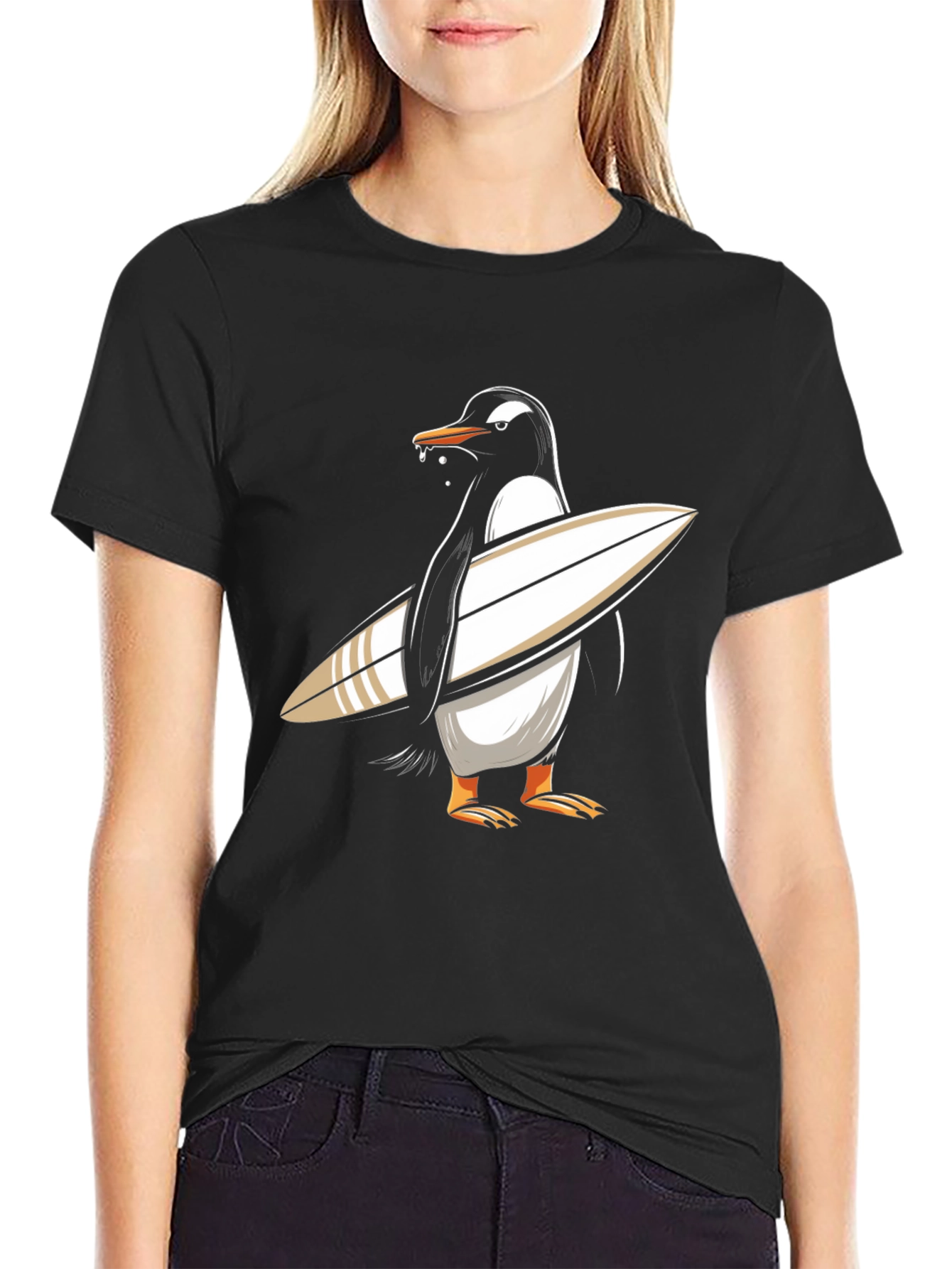 Surfing Penguin Graphic Tee - Black Cotton T-Shirt