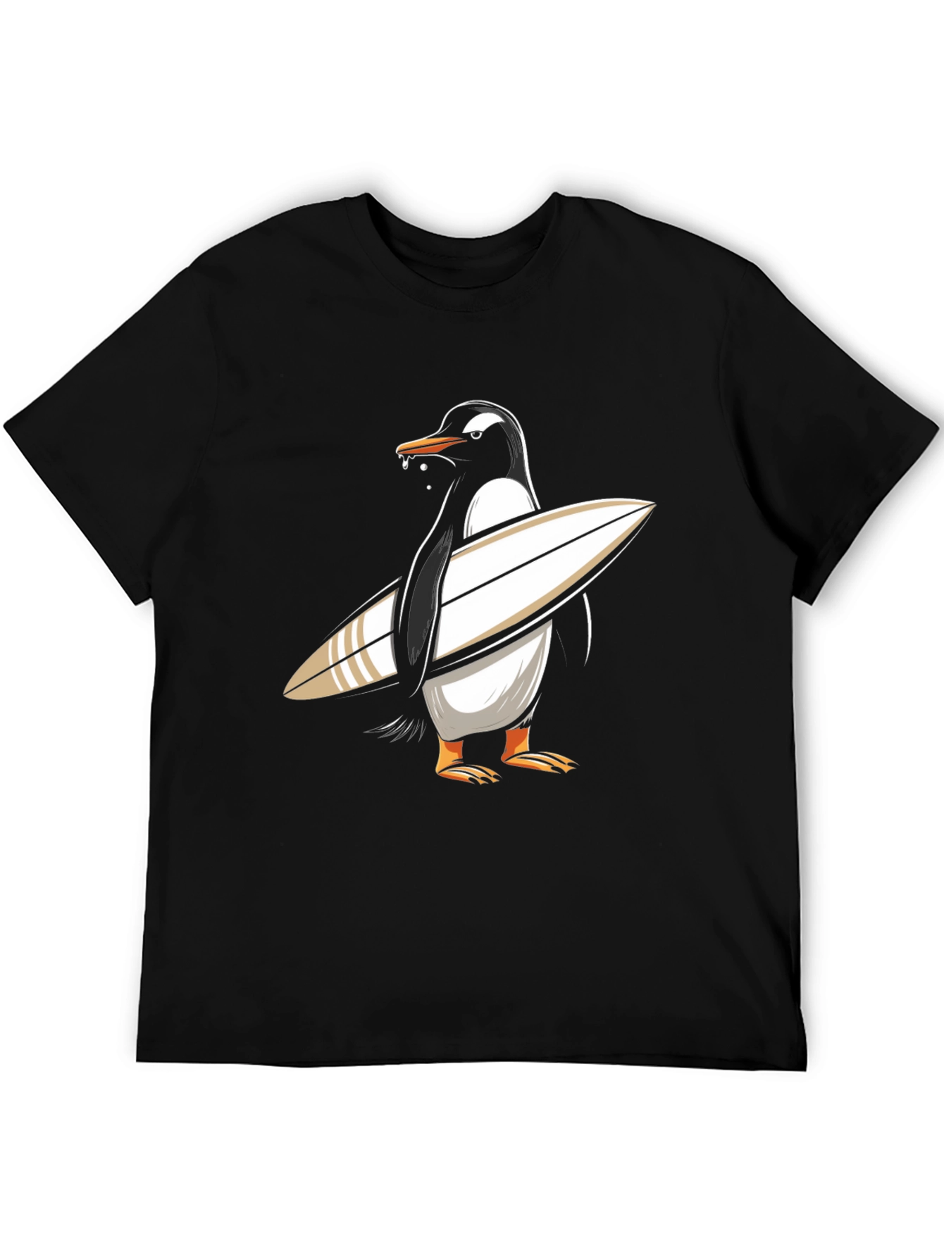 Surfing Penguin Graphic Tee - Black Cotton T-Shirt