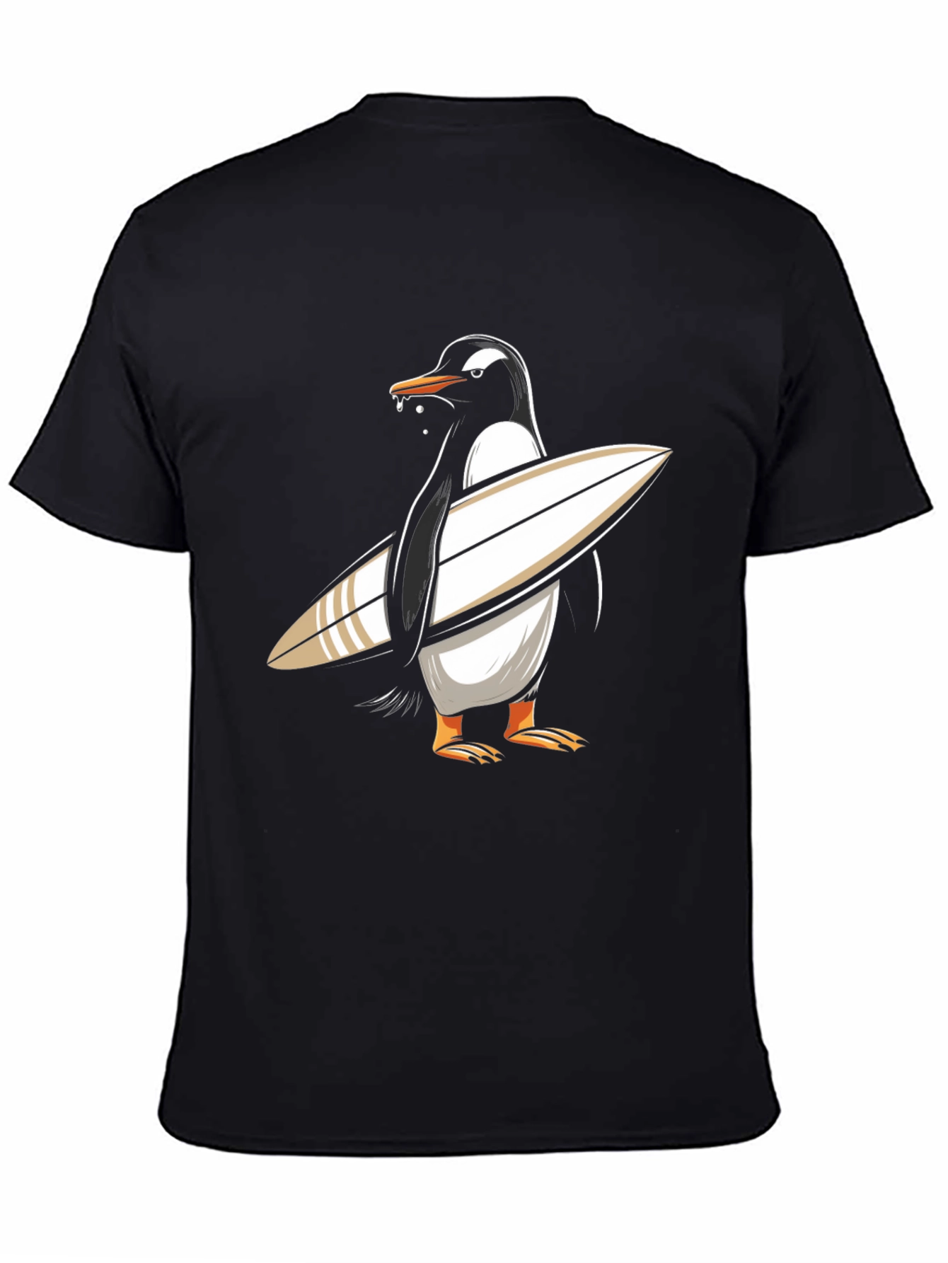 Surfing Penguin Graphic Tee - Black Cotton T-Shirt