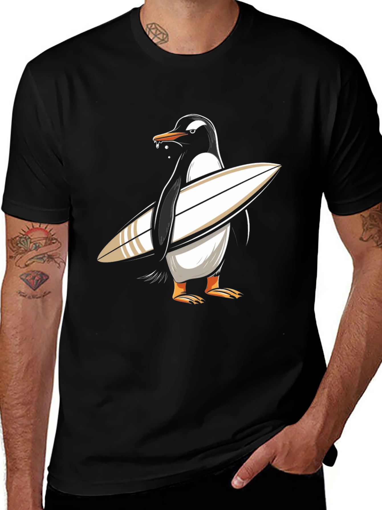 Surfing Penguin Graphic Tee - Black Cotton T-Shirt