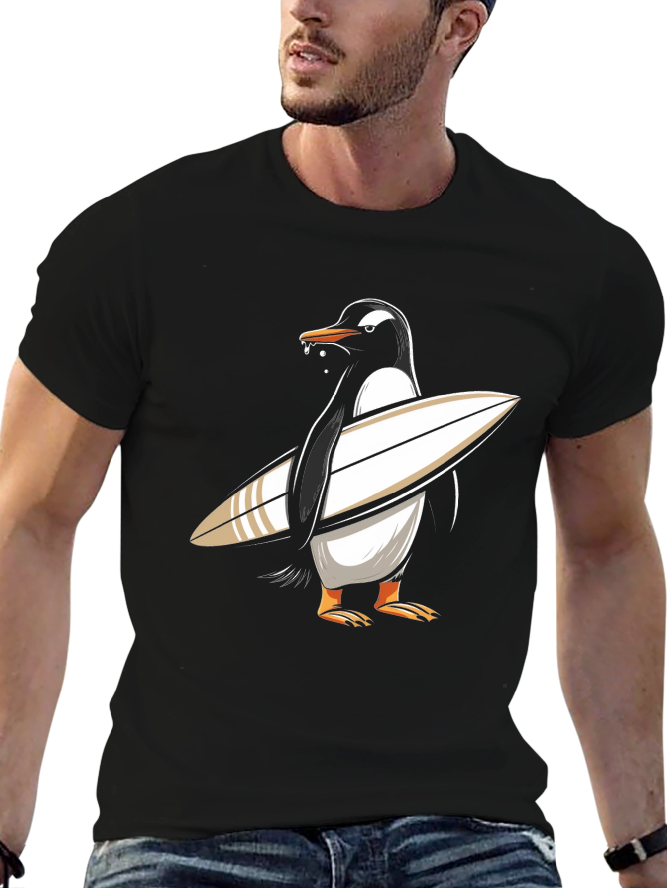 Surfing Penguin Graphic Tee - Black Cotton T-Shirt