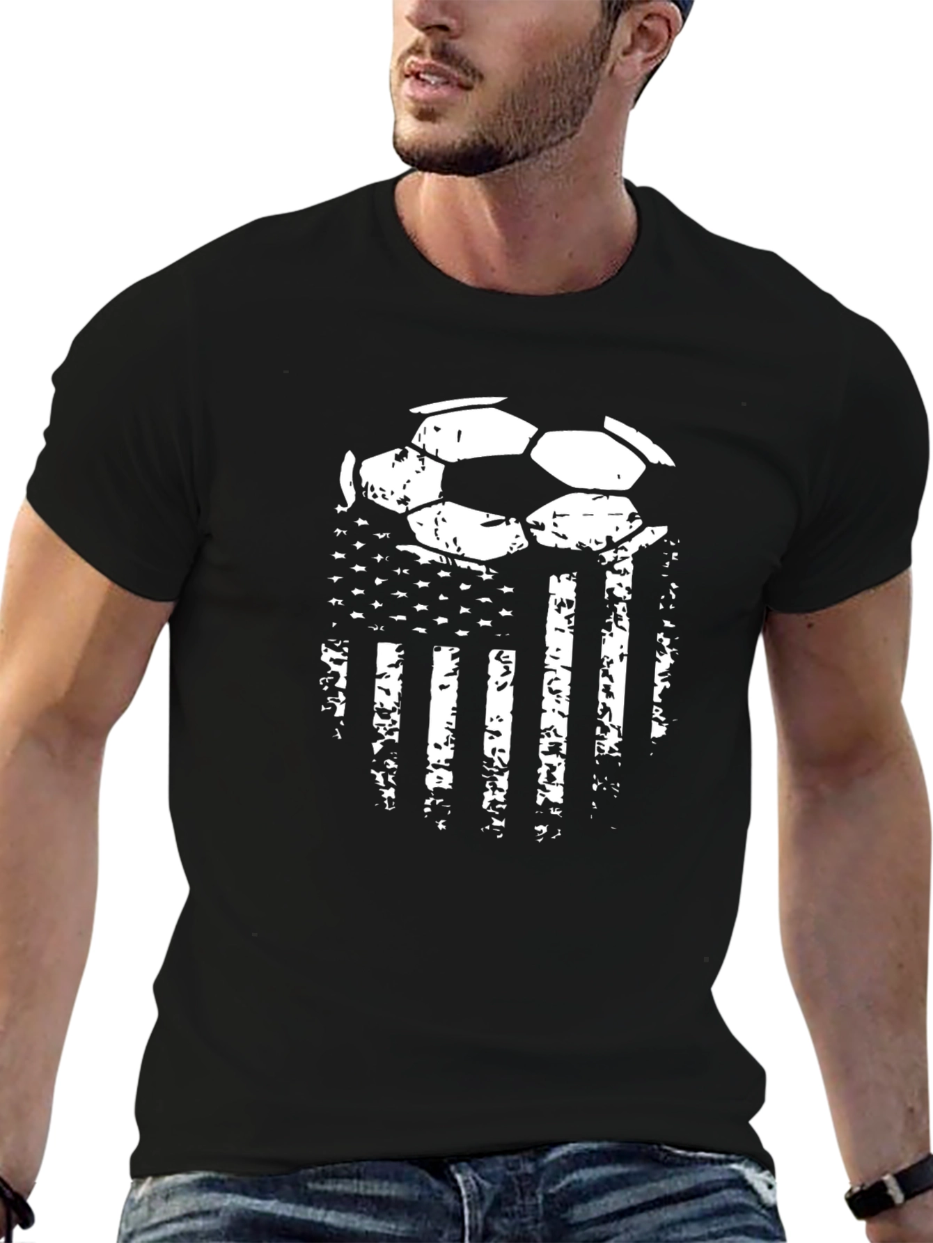 Distressed USA Flag Soccer Ball Graphic T-Shirt